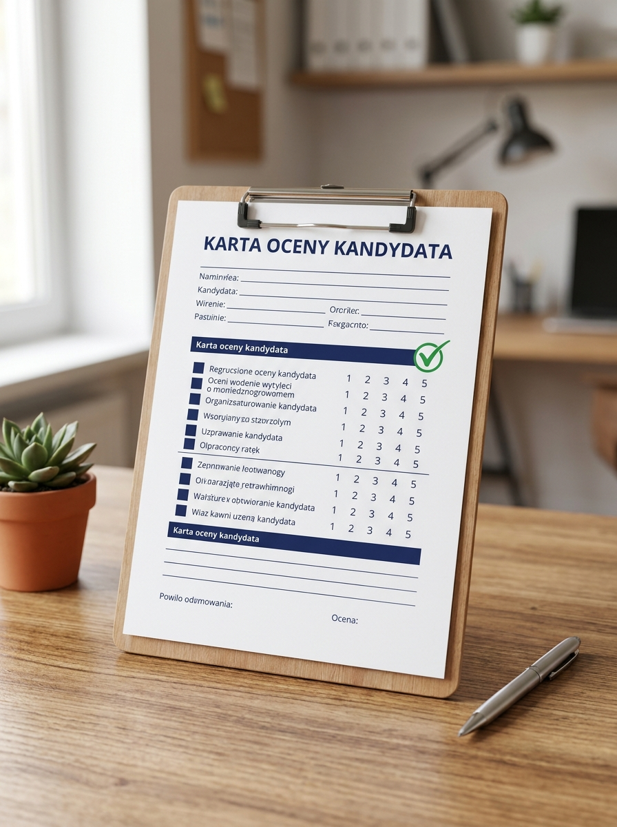 Karta oceny kandydata do druku, formularz z pytaniami i skalą ocen